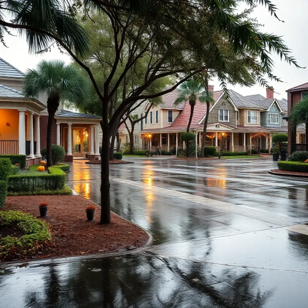 View of flooded streets in downtown Orlando with Halloween decorations displayed on homes