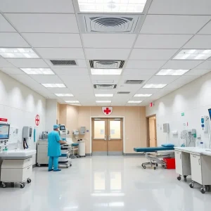 Interior view of the new emergency room at Orlando Health, showcasing new medical equipment and staff.