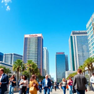 A bustling city scene in Orlando highlighting job seekers and employment activities.