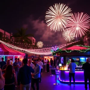 Celebration scene in Orlando for New Year 2024 with people and decorations