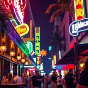 A view of bustling Orlando nightlife with bars and club lights.