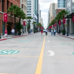 Newly marked parking spaces in downtown Orlando with people walking