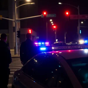 Illustration of a police car involved in a chase in an urban area at night.