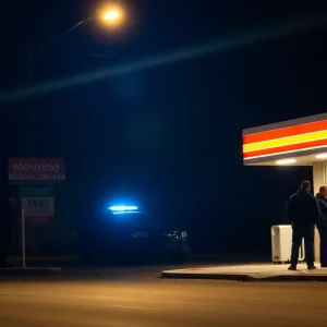 Police lights illuminating a street scene at night