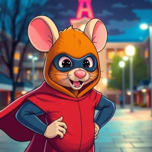 Illustration of Ratman, a quirky campus vigilante in a rat-themed costume, in front of a university.