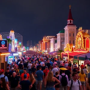 A busy street in Orlando filled with tourists visiting theme parks.