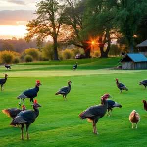 Wildlife on a golf course at sunrise