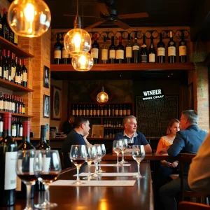 A cozy Orlando wine bar filled with various wine bottles and happy patrons.