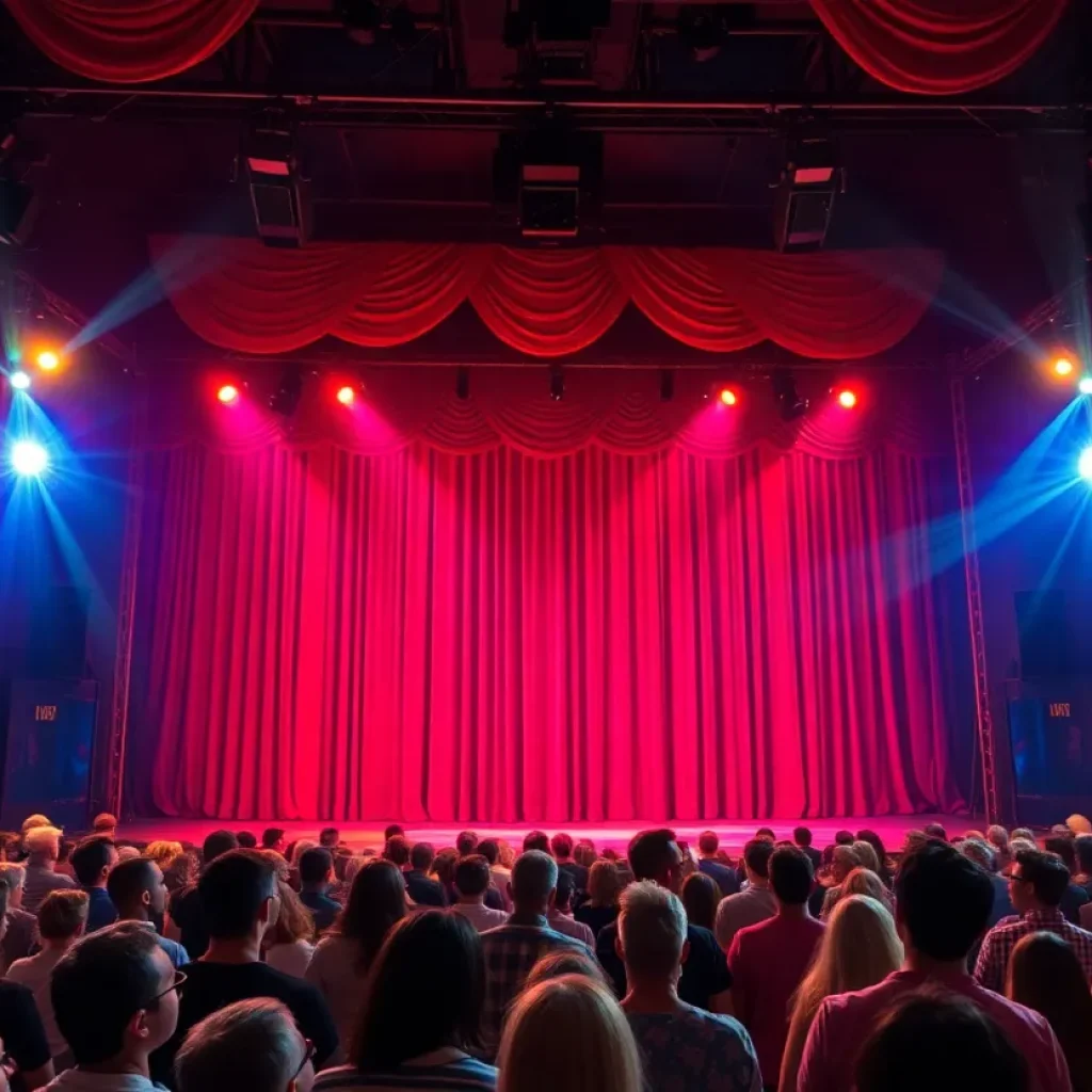 A theater stage filled with colorful lights and curtains during a performance.