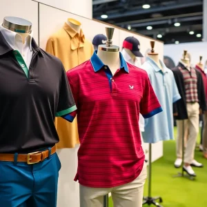 Display of luxury golf apparel by Oxford Hounds at a golf show.