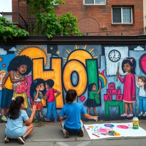 Colorful community mural in Parramore neighborhood depicting children and elements of creativity.