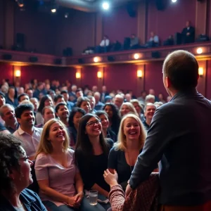 Audience enjoying a comedy show with a comedian on stage