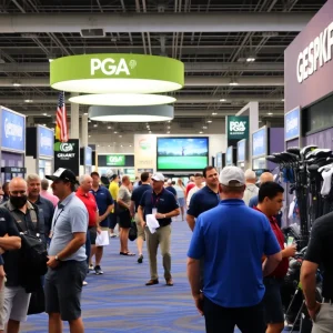 Attendees at the 2025 PGA Merchandise Show in Orlando examining golf equipment.