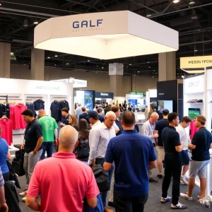 A bustling golf exhibition showcasing apparel and technology