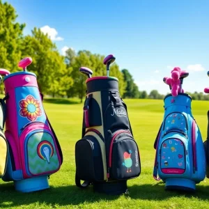 Colorful kids golf bags displayed on a golf course