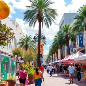 A vibrant and lively Magnolia Avenue in Downtown Orlando with art installations and pedestrians.