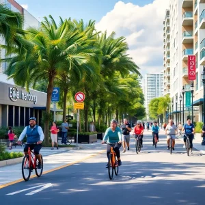 A bustling street scene showing safe biking and walking paths in Central Florida.