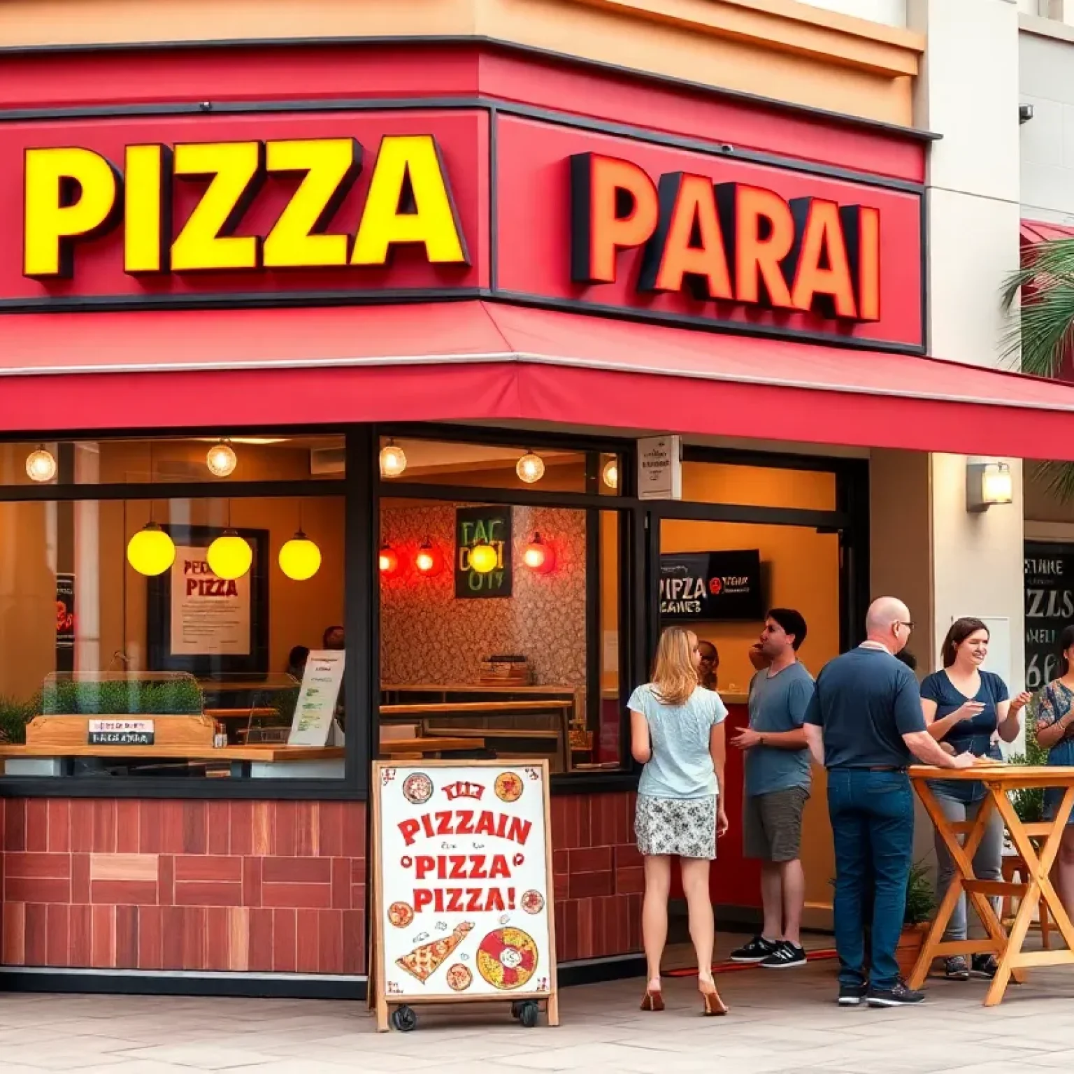 Exterior view of Sal's Pizza in Orlando with people enjoying their meals.