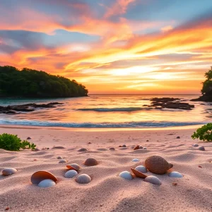 Beautiful Sanibel Island beach at sunset with seashells