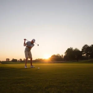 A young female golfer swinging her club on a scenic golf course.