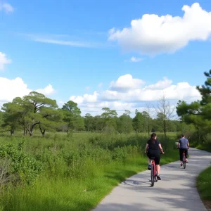 People biking and walking on a scenic trail in Central Florida