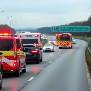 Emergency responders at the site of a serious accident on SR-417, with traffic backup