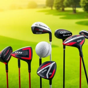 TaylorMade Qi35 Series hybrids and drivers displayed on a golf course