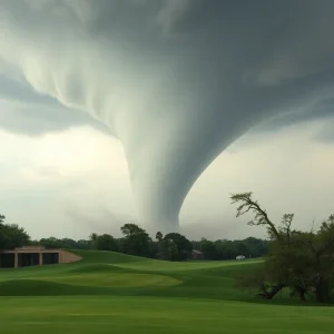 Tornado forming over Payne's Valley Golf Course with golfers seeking shelter.