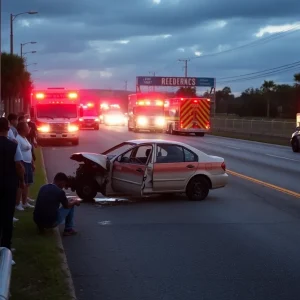 Scene of a devastating car crash in Orlando with emergency responders