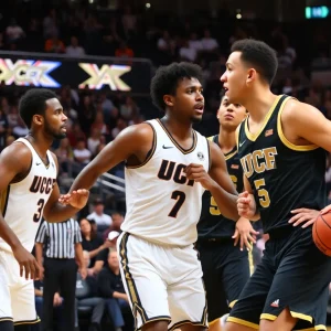 UCF basketball team celebrating a win in the arena