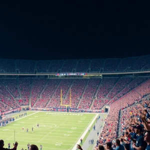 Enthusiastic college football fans cheering in a stadium