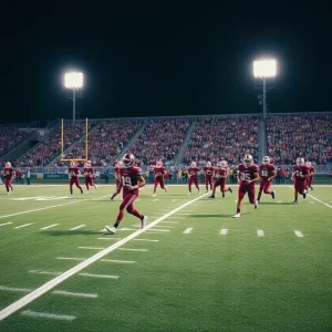 University football team practicing under stadium lights