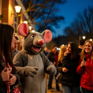 Character in rat costume engaging with university students