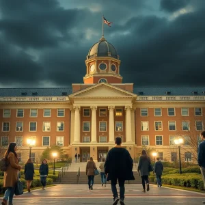 University campus during a scandal, depicting concern among students and faculty.