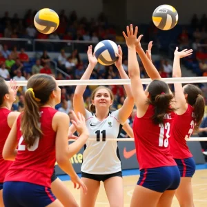 UCF volleyball team competing in a match, showcasing athleticism and teamwork.