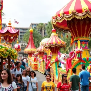 Colorful parade with floats at Universal Orlando 2025 events