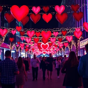 Couples enjoying Valentine's Day in Orlando with festive decorations.