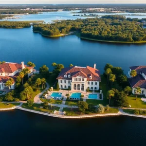 Aerial view of luxury homes in Winter Park by a lake.