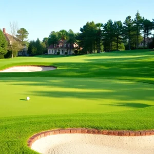 Close up of a beautiful golf course highlighting the green grass and fairways.