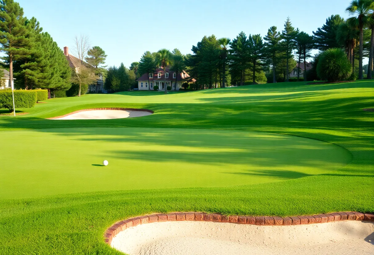 Close up of a beautiful golf course highlighting the green grass and fairways.