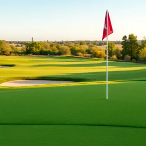 Close up of a beautiful golf course with lush landscaping