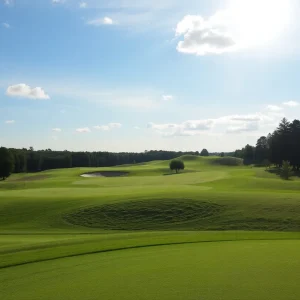 Close up of a beautiful golf course showcasing manicured greens and fairways.