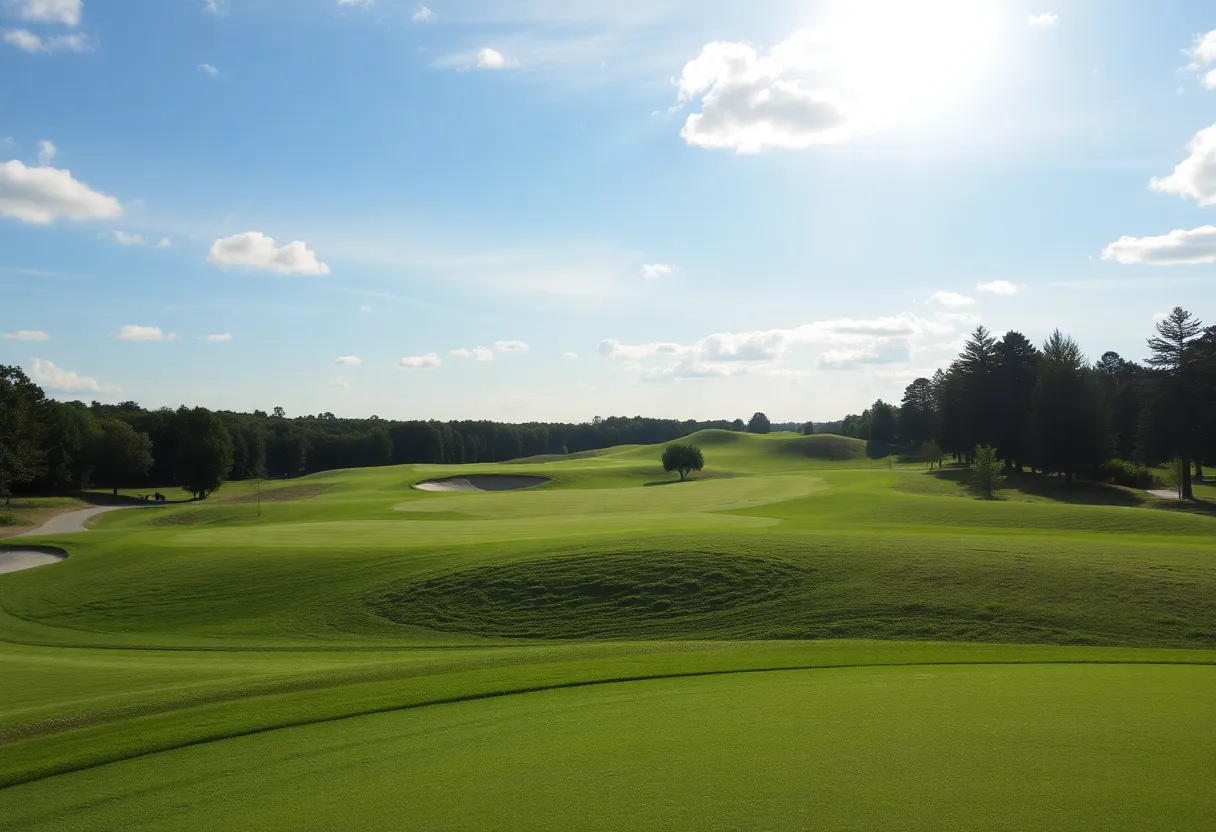 Close up of a beautiful golf course showcasing manicured greens and fairways.