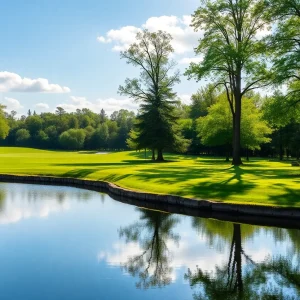 A close-up of a beautiful golf course with lush greens and excellent landscaping.