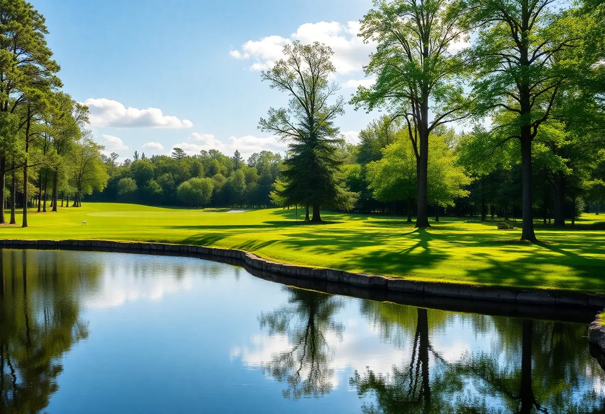 A close-up of a beautiful golf course with lush greens and excellent landscaping.