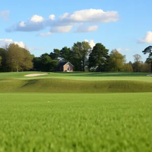 Close up view of a well-maintained golf course showcasing vibrant green grass and scenic surroundings.