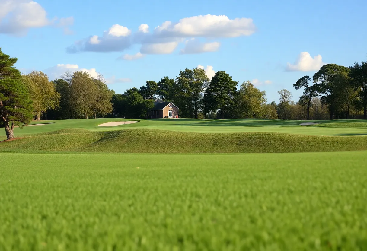 Close up view of a well-maintained golf course showcasing vibrant green grass and scenic surroundings.