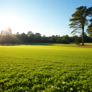 Close up of a beautiful golf course showing manicured greens and scenic landscaping.