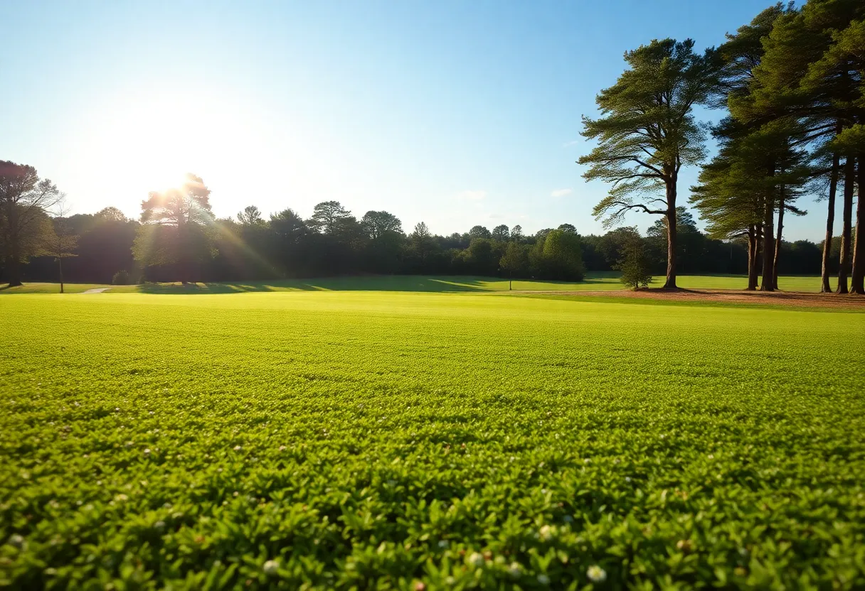 Close up of a beautiful golf course showing manicured greens and scenic landscaping.