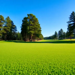 Close-up view of a beautifully manicured golf course with lush green grass and natural scenery